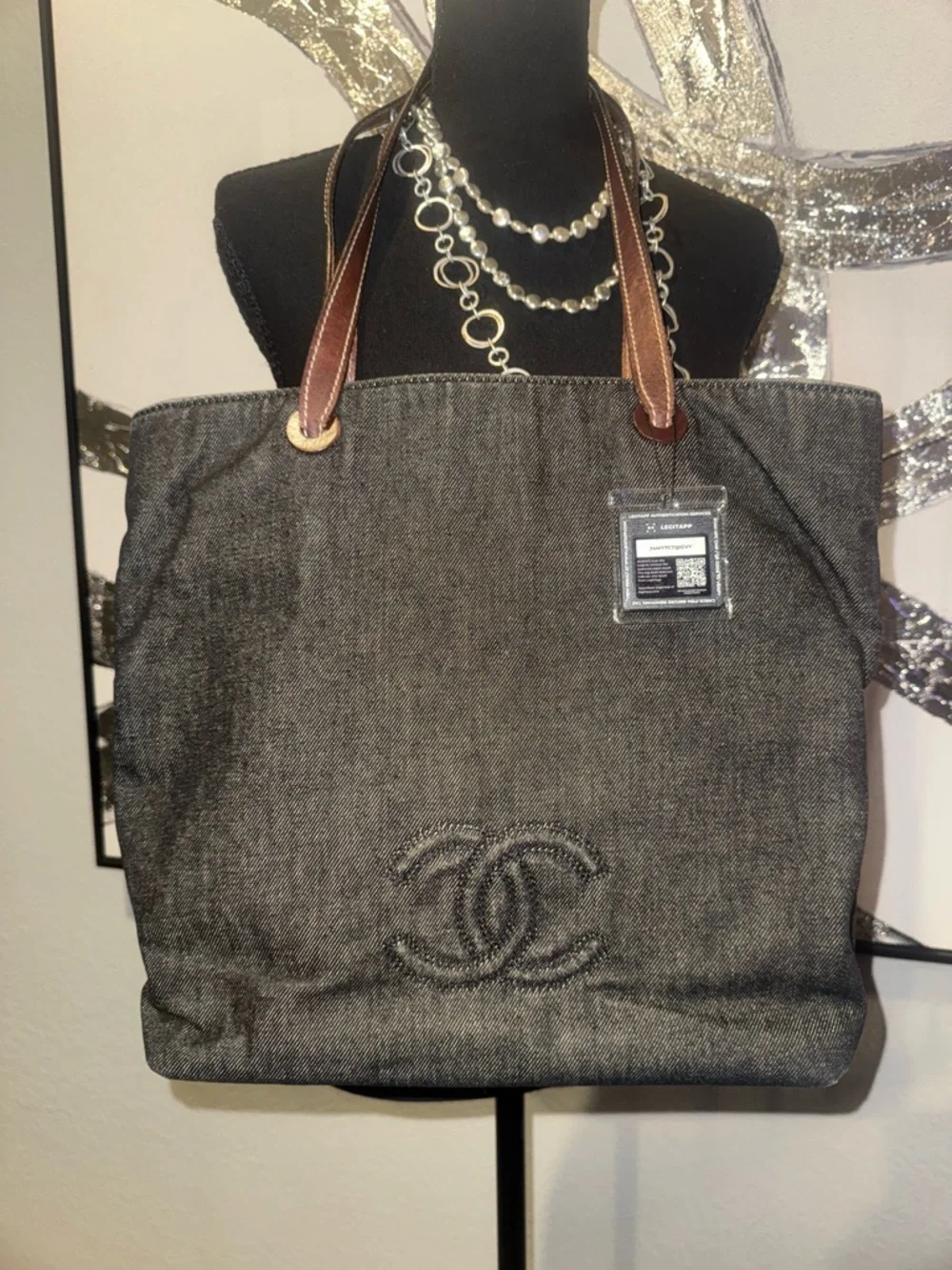 CHANEL Dark Gray Denim Tote with Brown Leather Straps - Picture 2 of 16